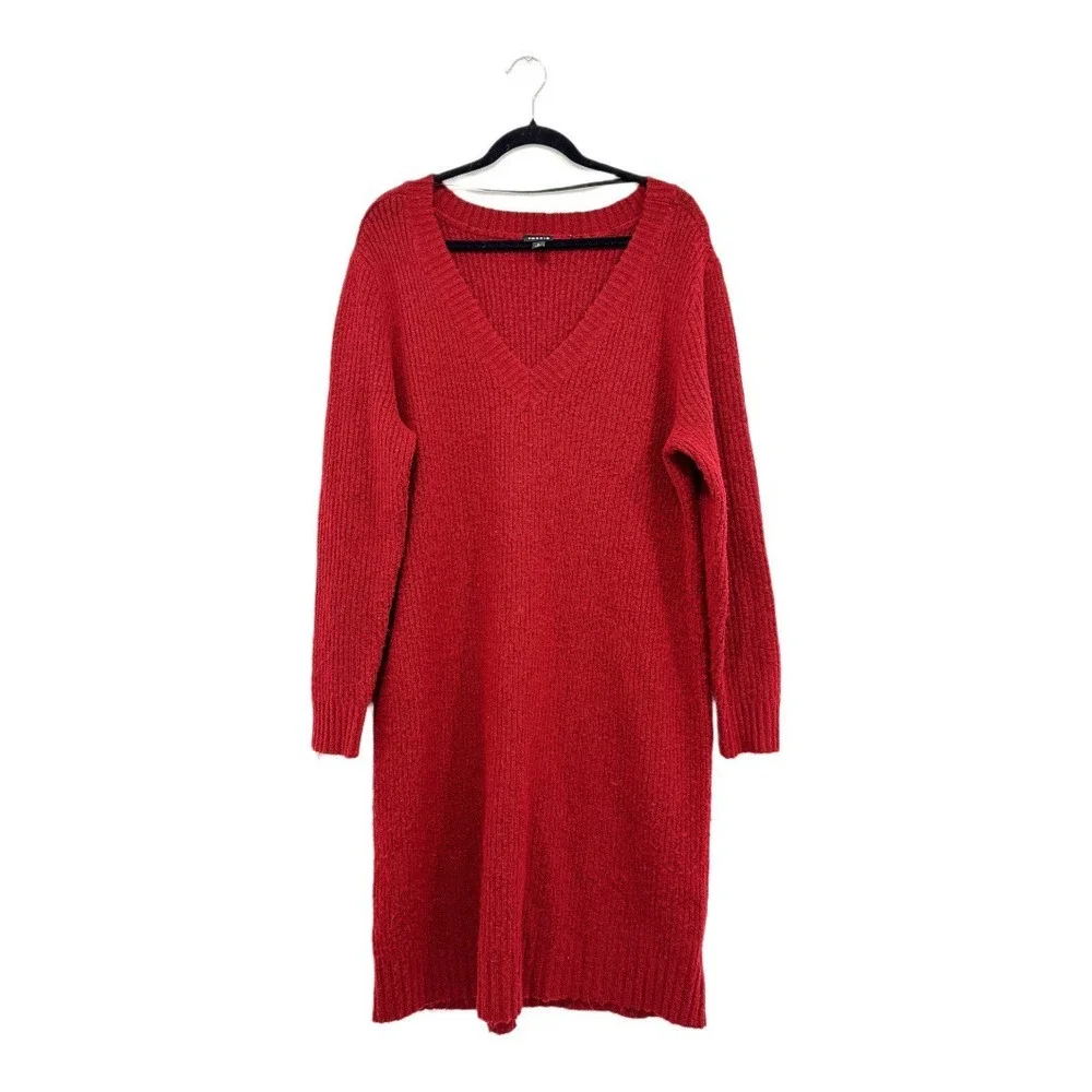 Torrid Vegan Cashmere Sweater Mini‎ Dress Rhubarb Red V-Neck Ribbed Knit 2 - Picture 2 of 16